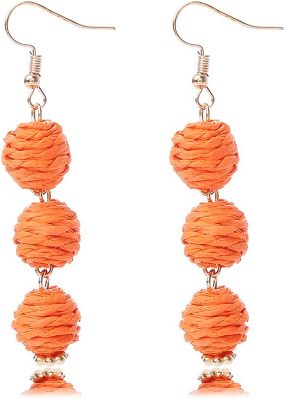 Lightweight Boho Thread Raffia Earrings for Women Handmade Braided Straw Wicker Lantern Ball Earrings Summer Beach Bohemian Geometric Earrings Holiday
