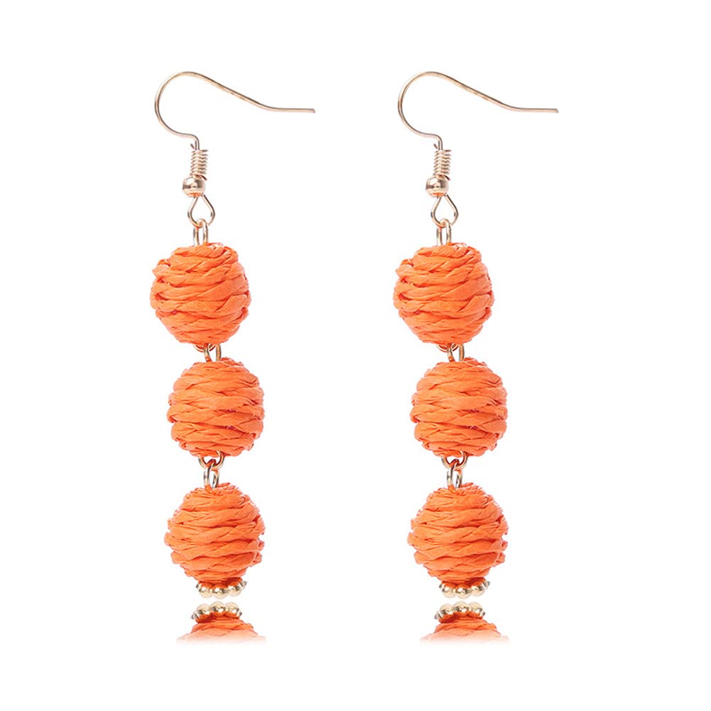 Lightweight Boho Thread Raffia Earrings for Women Handmade Braided Straw Wicker Lantern Ball Earrings Summer Beach Bohemian Geometric Earrings Holiday