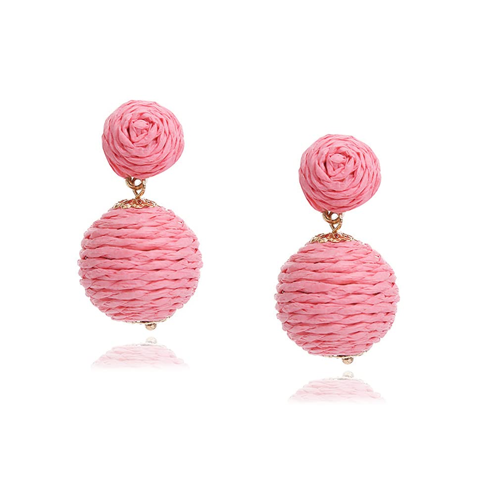 Lightweight Boho Thread Raffia Earrings for Women Handmade Braided Straw Wicker Lantern Ball Earrings Summer Beach Bohemian Geometric Earrings Holiday