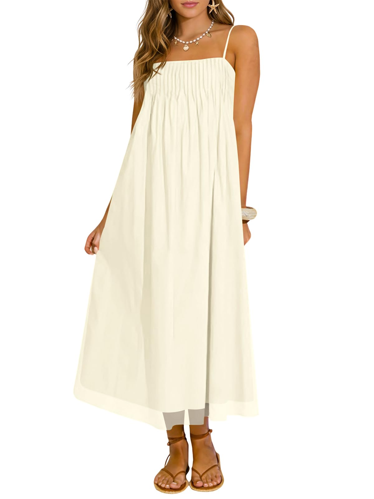 Wenrine Women's Summer Boho Maxi Dresses Spaghetti Straps Chiffon Sundress | Beach Vacation, Flowy, Linen, Casual, Loose, Pleated, Sleeveless, Midi Long Dress with Pockets