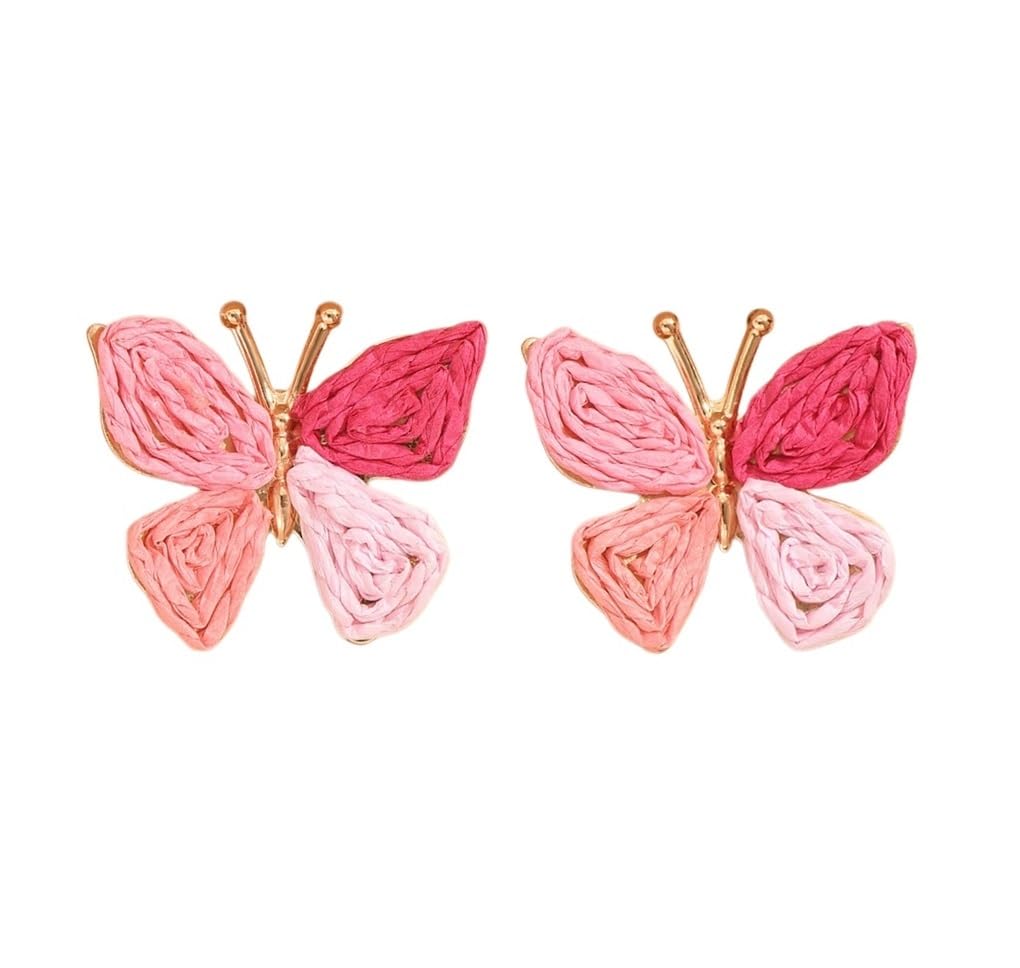 Butterfly Drop Earrings Boho Raffia Rattan Dangle Earrings Bohemian Statement Earrings for Women Cute Summer Beach Vacation Jewelry Gift