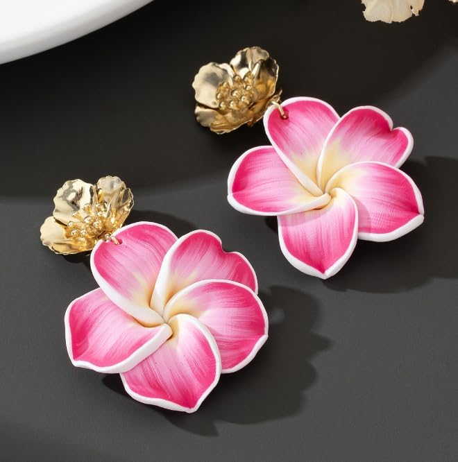 Pink Flower Earrings for Women,Gold Plated Floral Drop Dangle Earrings Statement Beach Party Vacation Hawaiian Style Jewelry Gift