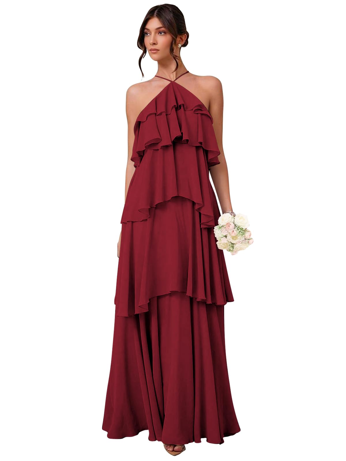 Chiffon Halter Bridesmaid Dresses for Women A Line Tiered Ruffle Long Formal Evening Gown