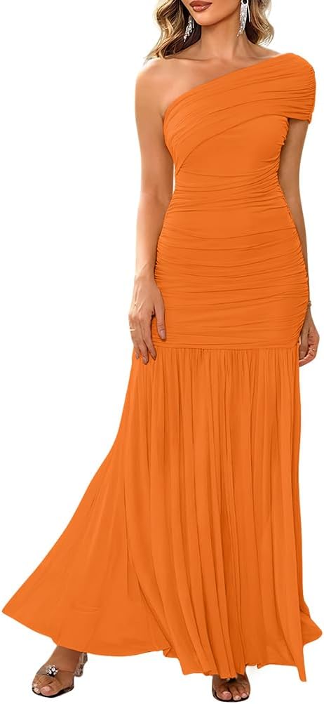 LAGSHIAN Womens Formal One Shoulder Sleeveless Evening Long Dress | Elegant Bodycon Mesh Ruched Cocktail Party Maxi Dress, Classy Slim Fit Wedding Dresses,Stretch,Flowing Sheer Hem