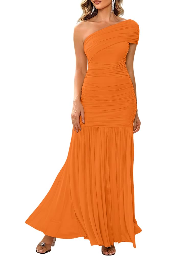 LAGSHIAN Womens Formal One Shoulder Sleeveless Evening Long Dress | Elegant Bodycon Mesh Ruched Cocktail Party Maxi Dress, Classy Slim Fit Wedding Dresses,Stretch,Flowing Sheer Hem