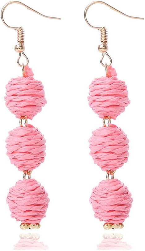 Lightweight Boho Thread Raffia Earrings for Women Handmade Braided Straw Wicker Lantern Ball Earrings Summer Beach Bohemian Geometric Earrings Holiday