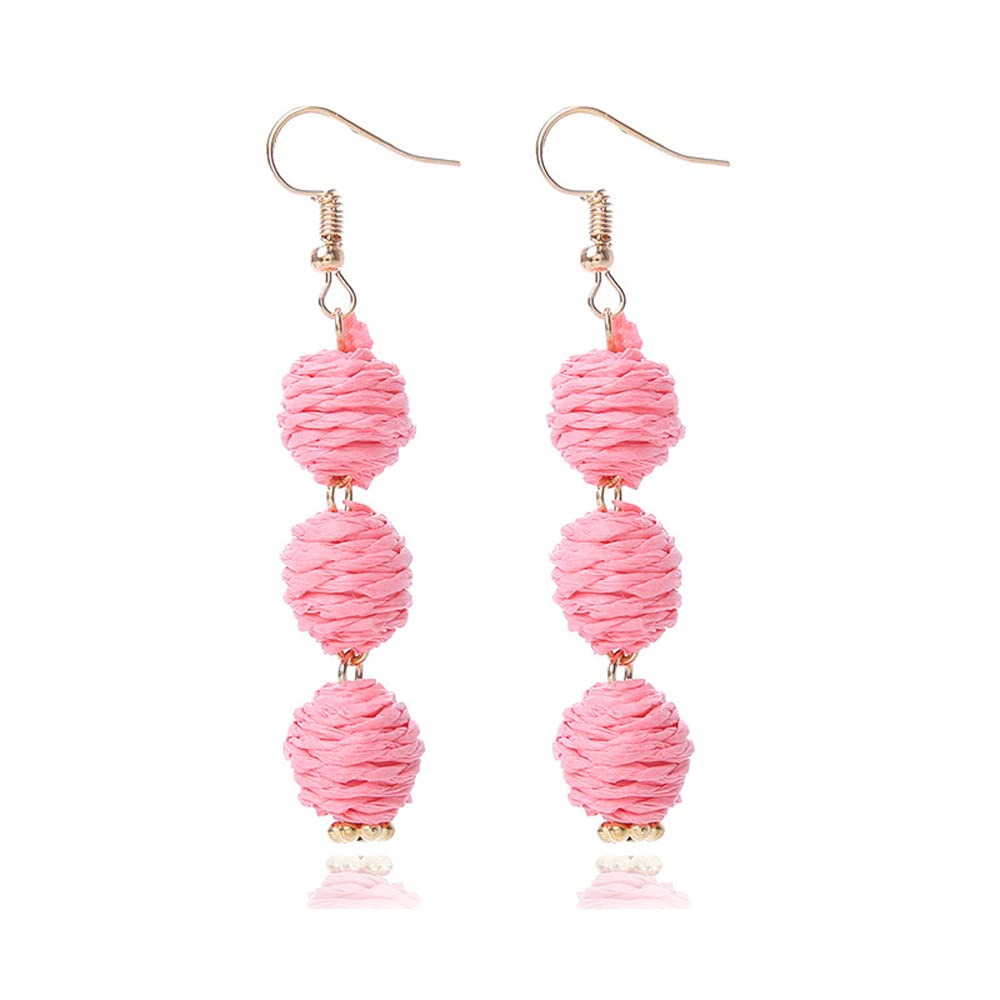 Lightweight Boho Thread Raffia Earrings for Women Handmade Braided Straw Wicker Lantern Ball Earrings Summer Beach Bohemian Geometric Earrings Holiday