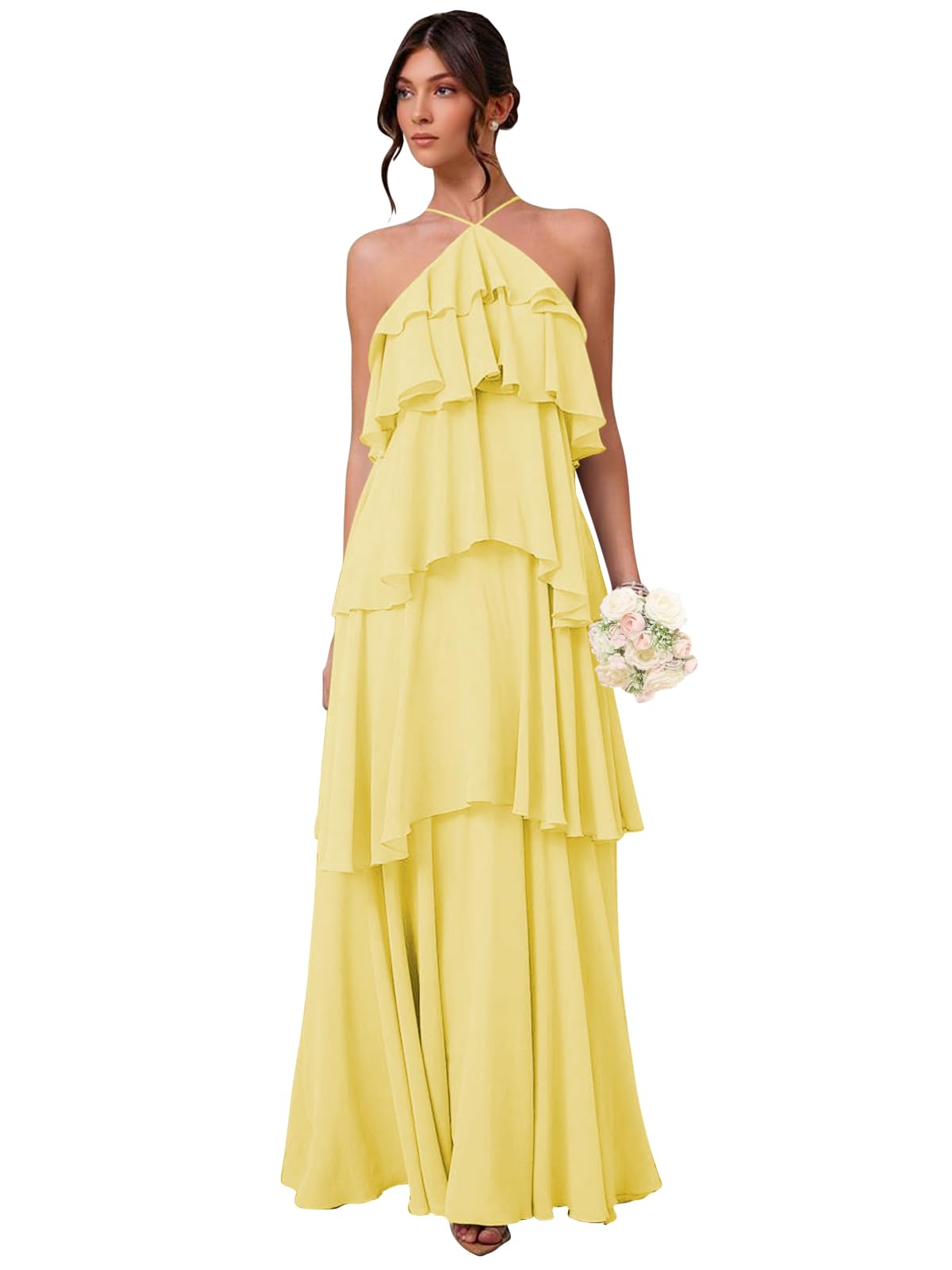 Chiffon Halter Bridesmaid Dresses for Women A Line Tiered Ruffle Long Formal Evening Gown