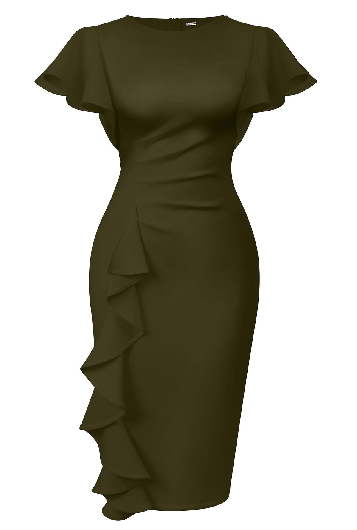 Memoriesea Women's Church Ruffle Sleeve Ruched Work Midi Dress | Back Zipper,Ruched Waist,Knee Length,Classic Sheath Outfits for Office Business Graduation Teacher Formal Cocktail Travel