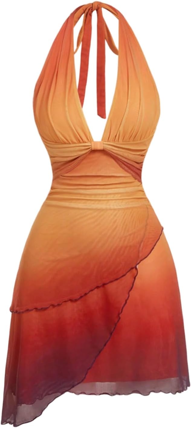 SOLY HUX Women's Halter Mini Sunset Dresses Ombre Beach Summer Dress | Backless, Deep V Neck, Tequila Sunrise Dress, Tropical Outfit