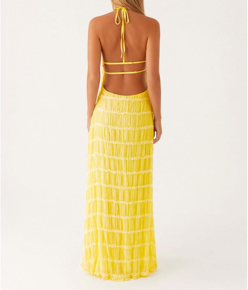 ABYOVRT Women Backless Dress Sleeveless Textured Halter Open Back Maxi Dresses Vacation Wedding Guest