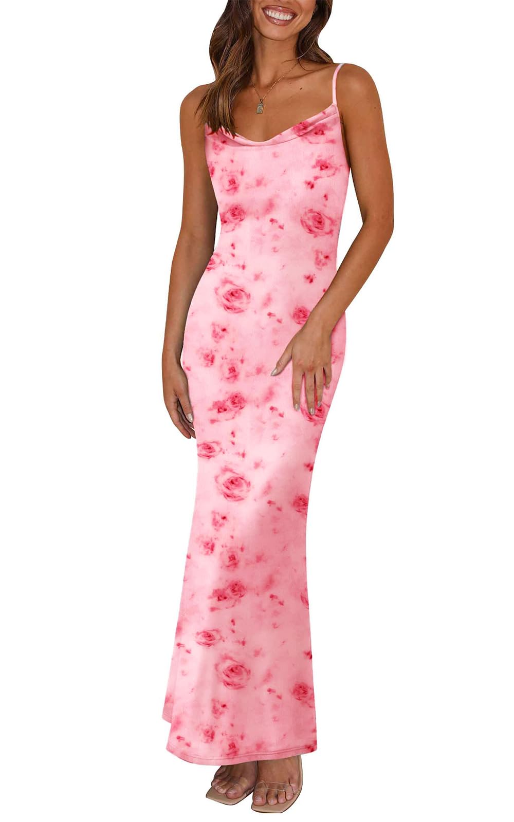 PRETTYGARDEN Women's 2026 Summer Floral Spaghetti Strap Maxi Dress Stretch Sexy Bodycon Dress Backless Slip Long Dresses