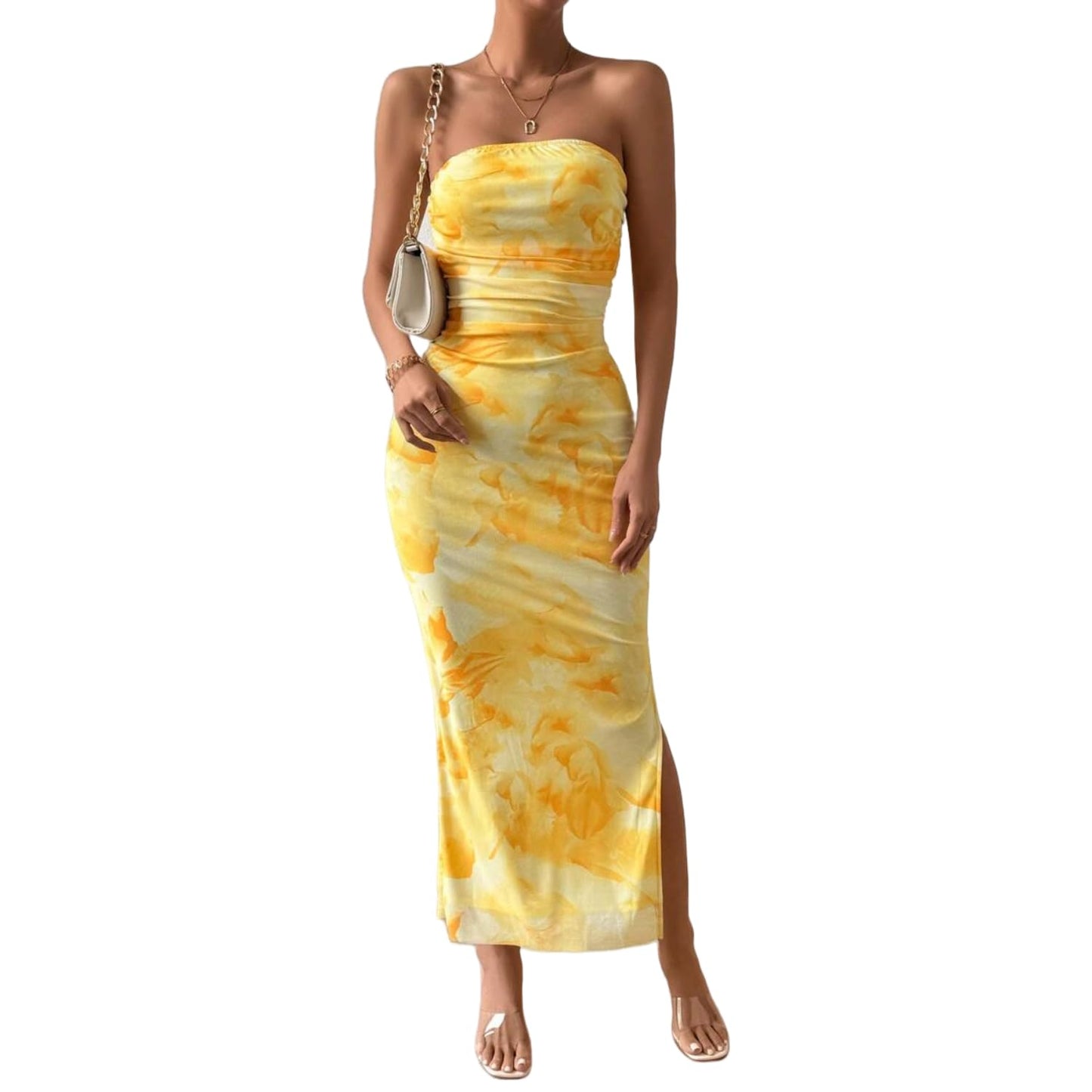 LIGHT DOT Women's Summer Dress Printed Strapless Tube Bodycon Maxi Side Slit Mesh Layered
