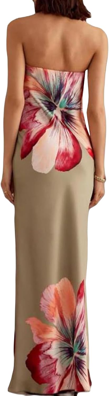 Women Strapless Floral Dress Bodycon Tube Printed Sleeveless Mesh Long Party Boho Beach Flowy Summer Maxi Dress