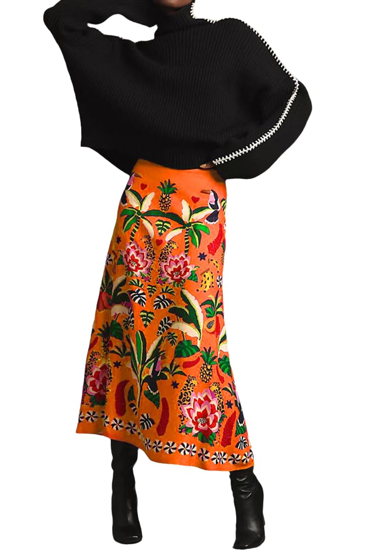 THLAI Womens Skirt Midi Skirt Tropical Plant Print Pink Zipper A-Line Long Skirts Spring Summer Skirt Floral