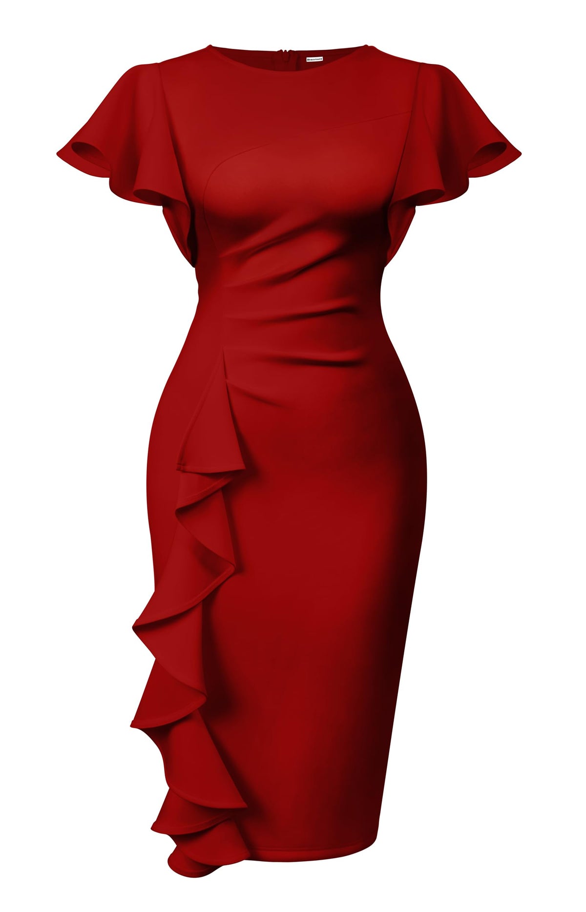 Memoriesea Women's Church Ruffle Sleeve Ruched Work Midi Dress | Back Zipper,Ruched Waist,Knee Length,Classic Sheath Outfits for Office Business Graduation Teacher Formal Cocktail Travel
