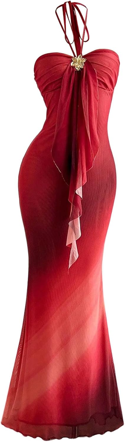 GORGLITTER Women's Ombre Sunset Halter Starfish Boho Beach Maxi Dresses | Tropical Vacation Hawaiian Dresses 2026, Floral Cocktail Going Out Fishtail Long Sundress