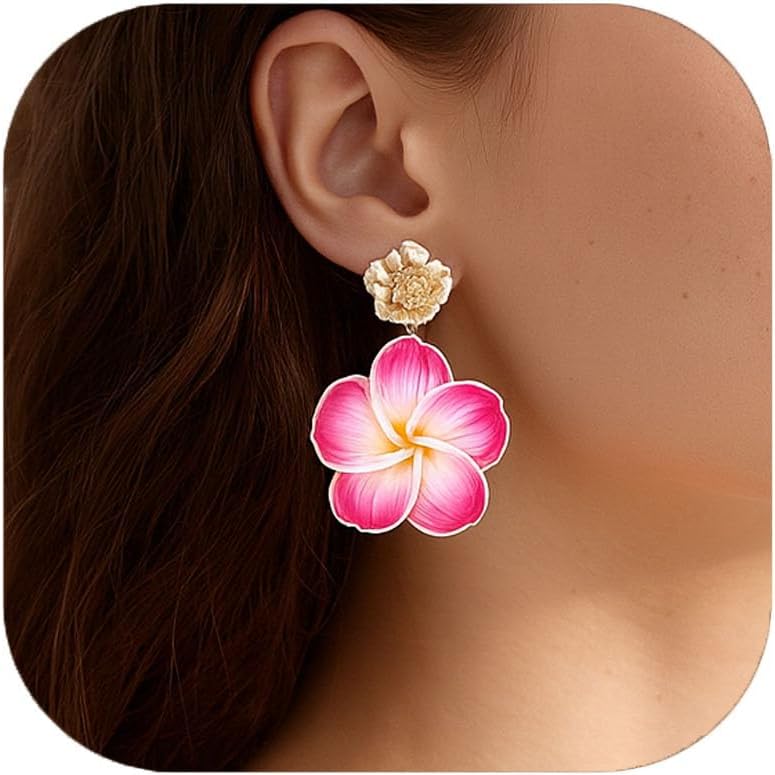 Pink Flower Earrings for Women,Gold Plated Floral Drop Dangle Earrings Statement Beach Party Vacation Hawaiian Style Jewelry Gift