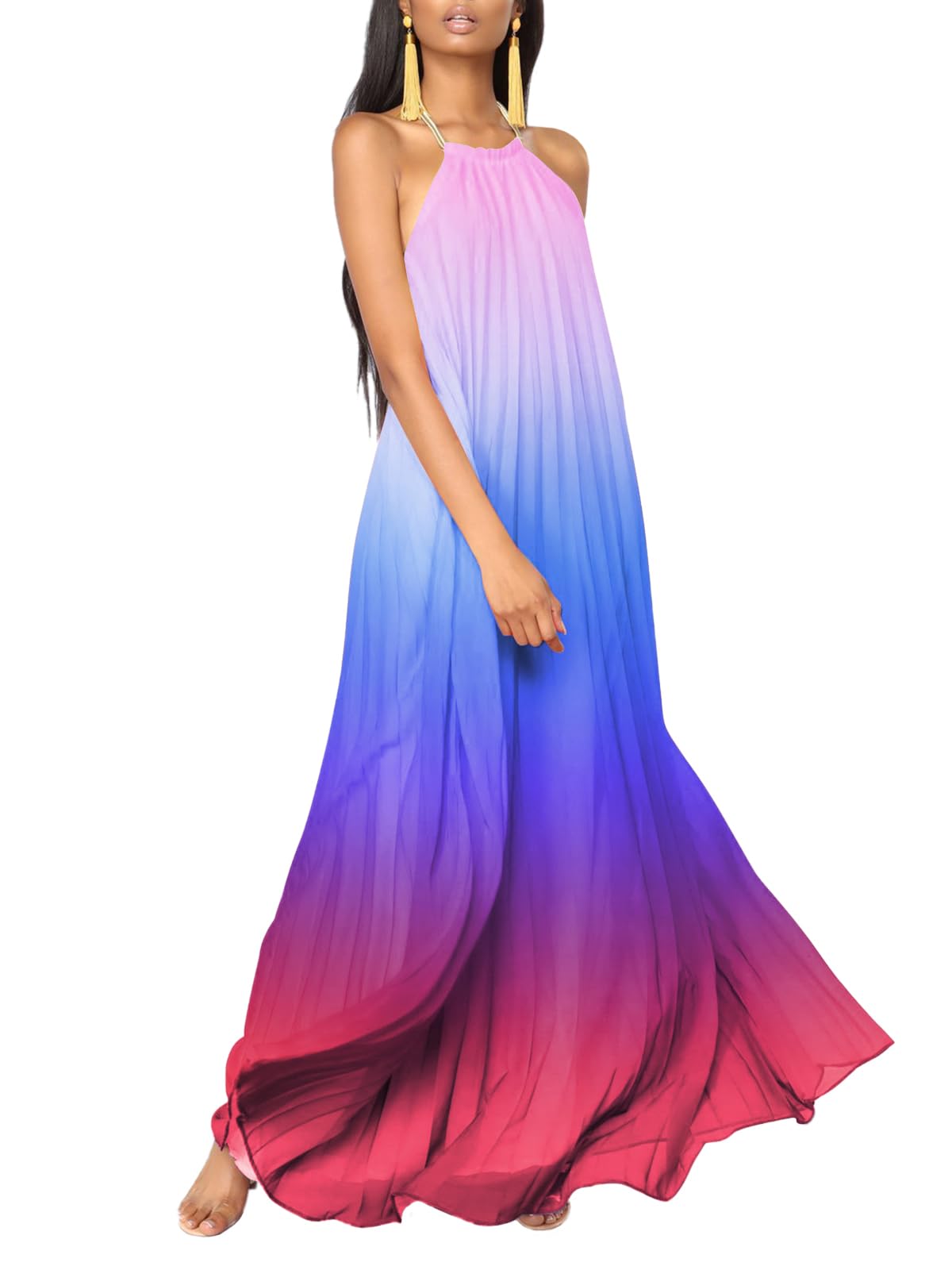 Paintcolors Women's Halter Sleeveless Long Maxi Dress Backless Casual Loose Ombre Summer Beach Chiffon Flowy Sundress