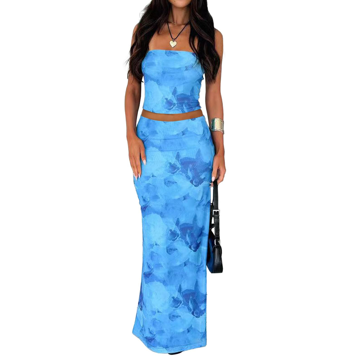Goafuliy 2 Piece Skirt Sets for Women Summer, Floral Sleeveless Tube Top Bodycon Maxi Skirts Y2k Vacation Going Out Outfits