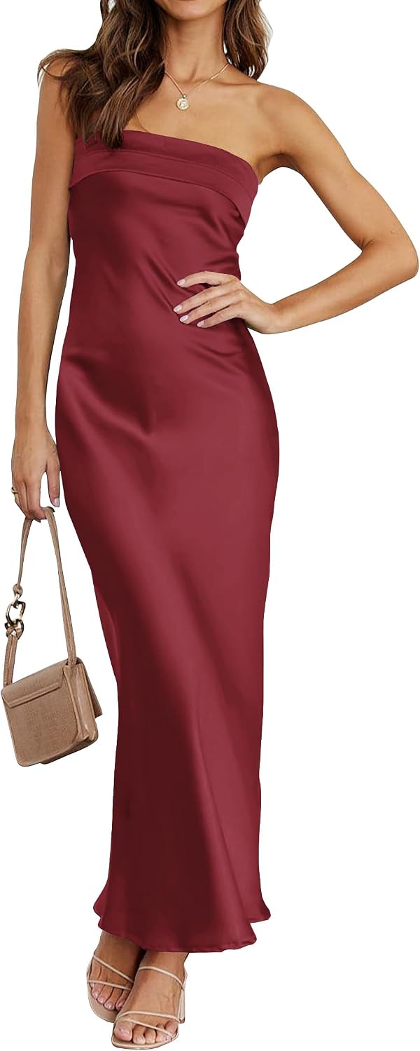 MEROKEETY Womens Satin Strapless Bodycon Wedding Guest Maxi Dress | Tube Backless Sleeveless, Bodycon, Cocktail Party, Semi Formal, Birthday, Club, Date Night, Elegant Sexy Long Dress