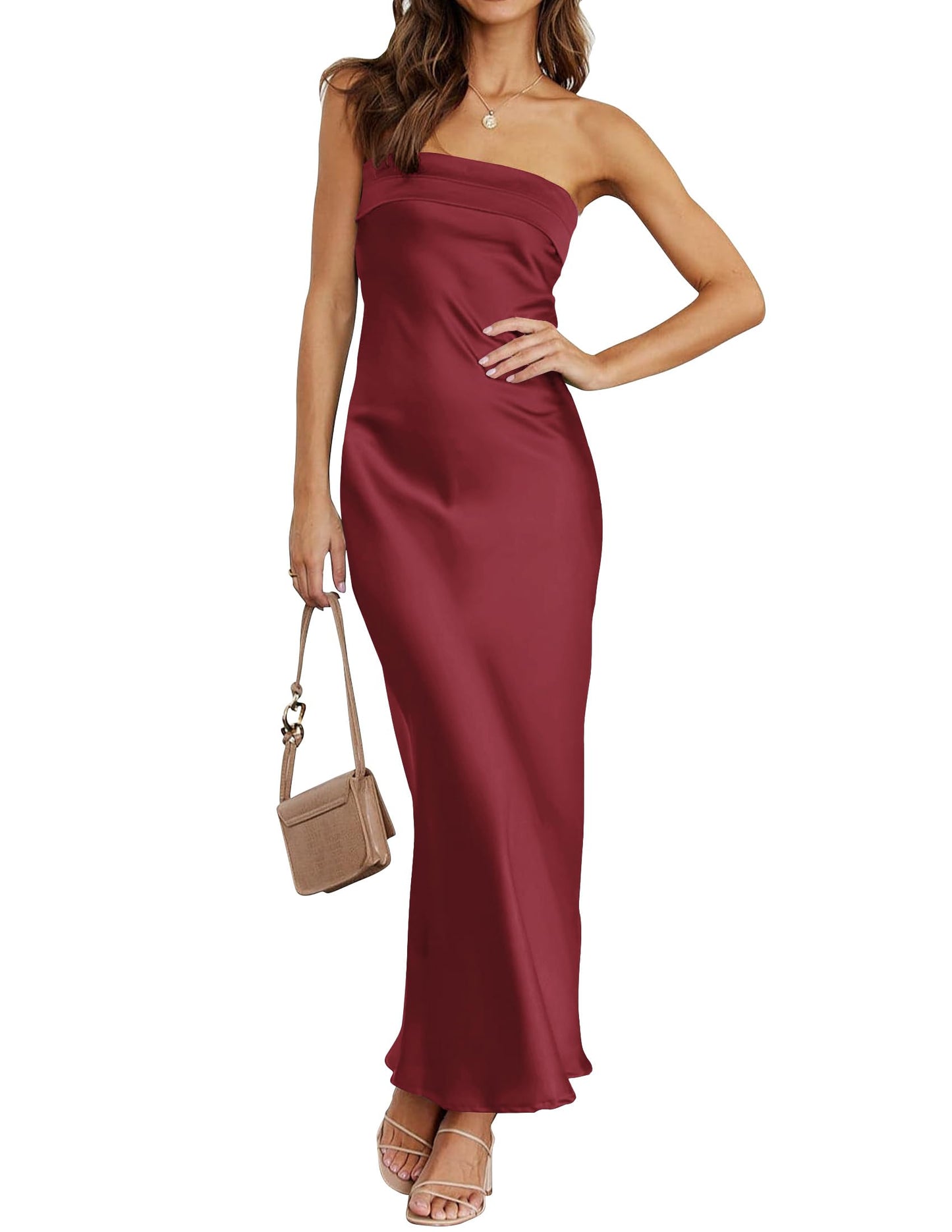 MEROKEETY Womens Satin Strapless Bodycon Wedding Guest Maxi Dress | Tube Backless Sleeveless, Bodycon, Cocktail Party, Semi Formal, Birthday, Club, Date Night, Elegant Sexy Long Dress