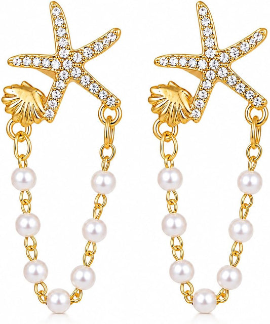 Starfish Seashell Pearl Dangle Earrings Tropical Vacation Outfits for Women Beach Outfit Jewelry Summer Ocean Dress Coastal Jewelry Accessories
