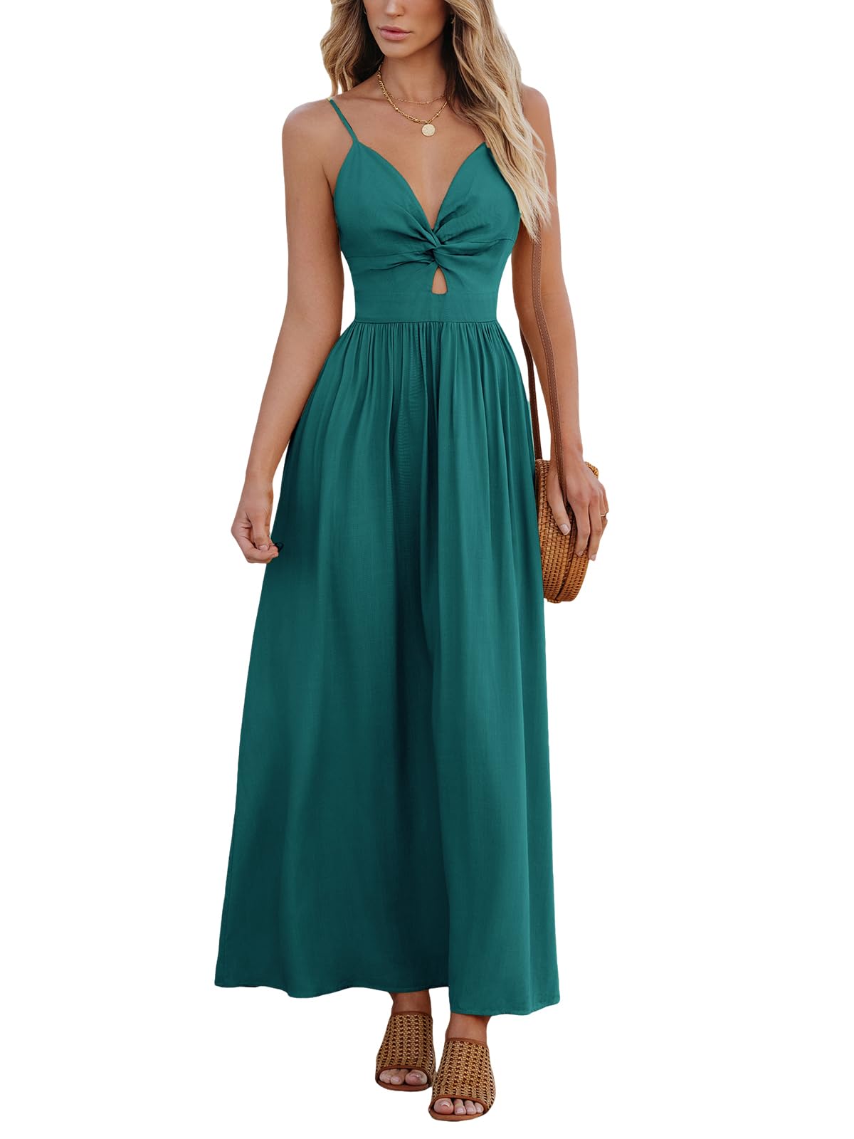CUPSHE Women's V Neck Twisted Pleated Cutout Backless Formal Maxi Dress | Sleeveless, Self Tie Back, Adjustable Spaghetti Straps, Open Back, Casual Flowy Long Skirt, Summer Beach Resort Sundress