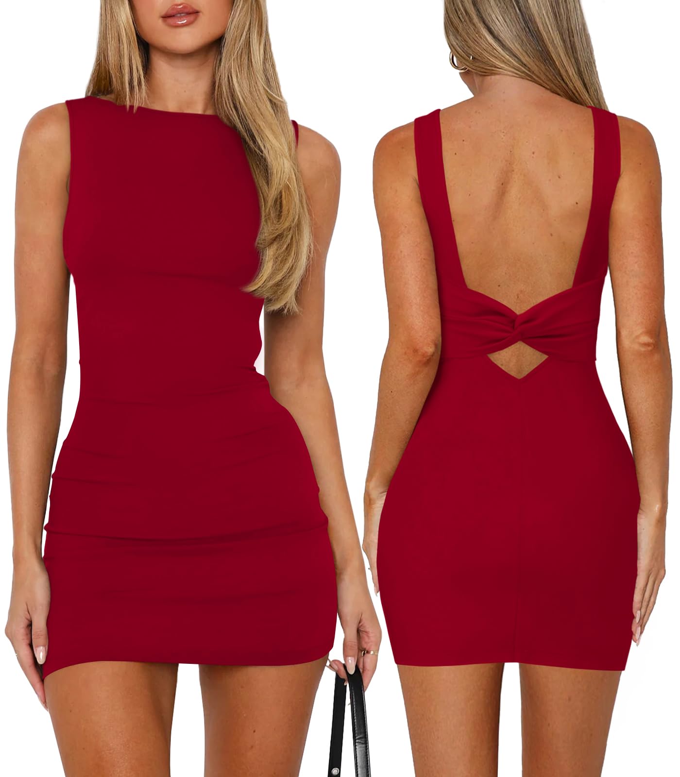 MIYIEONZ Women Backless Mini Dress Formal Short Wedding Guest Dresses | Boat Neck,Sleeveless,Open Back,Knotted,Fitted,Tight,Bodycon Mini Dresses,Sexy Casual,Spring Summer,Cocktail,Going Out Outfits