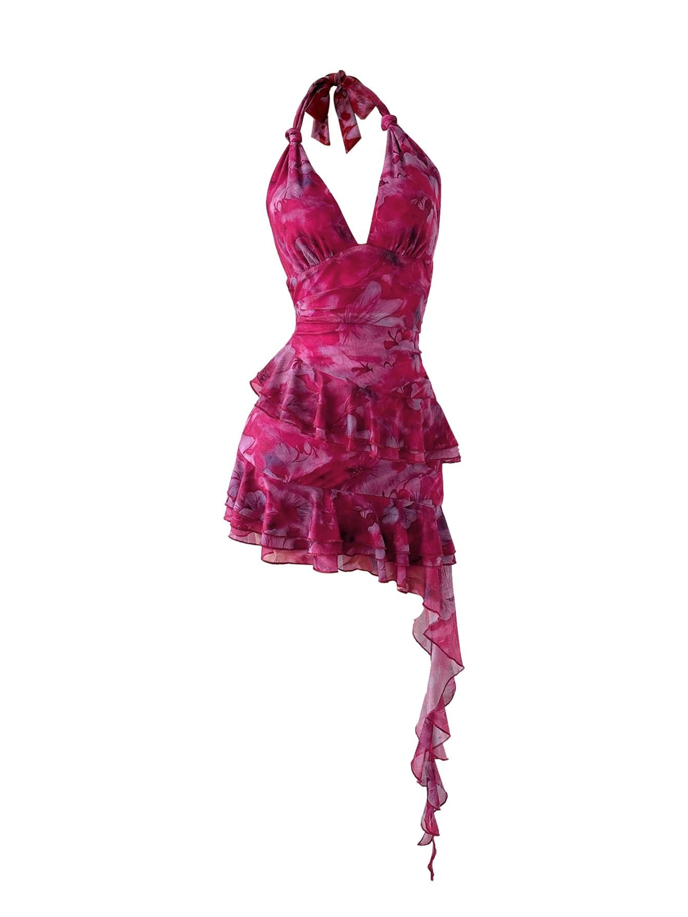 Verdusa Women's Y2k Halter Mini Dress Sexy Asymmetrical Concert Dresses | Tropical Dresses for Women, Going Out Dresses, Wedding Guest Dress, Floral Dress, Mesh Dress