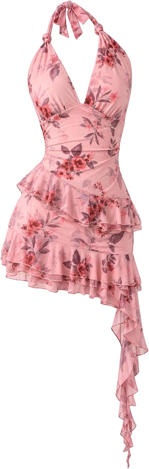Verdusa Women's Y2k Halter Mini Dress Sexy Asymmetrical Concert Dresses | Tropical Dresses for Women, Going Out Dresses, Wedding Guest Dress, Floral Dress, Mesh Dress
