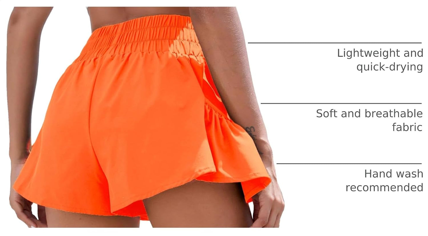 BMJL Womens Athletic Running Shorts 2.5" Flowy High Waisted Ruffle Shorts | workout,gym,two side pockets,elastic high waisted,quick dry fabric,built in liner,solid,gingham,leopard,striped shorts