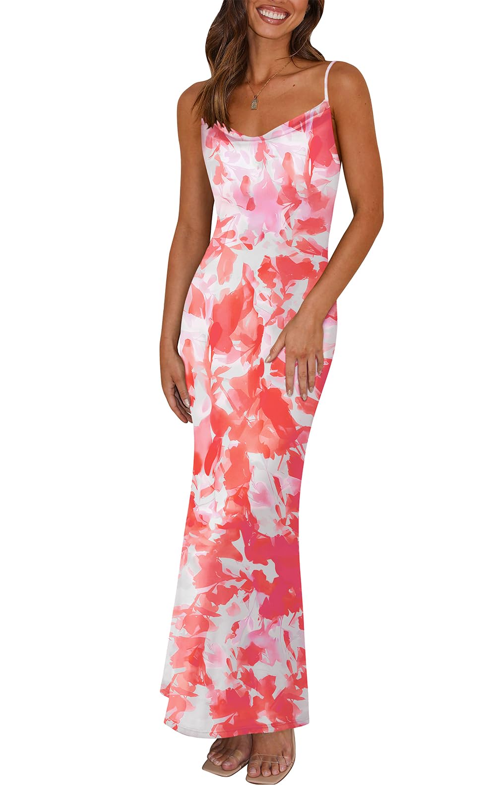 PRETTYGARDEN Women's 2026 Summer Floral Spaghetti Strap Maxi Dress Stretch Sexy Bodycon Dress Backless Slip Long Dresses