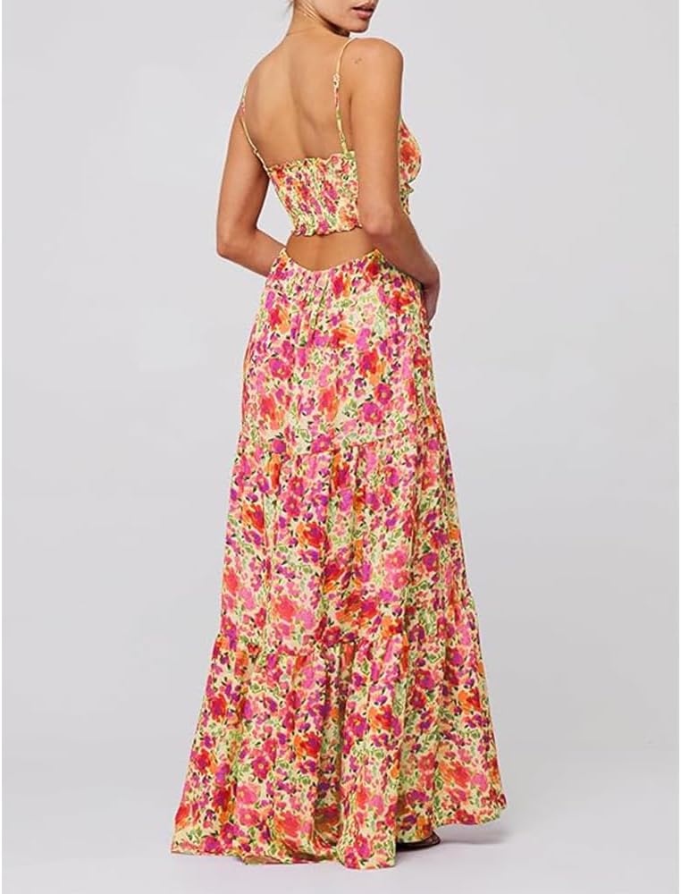 ABYOVRT Women Floral Maxi Dress Tie Front Cut Out Backless Boho Spaghetti Strap Summer Beach Sundress