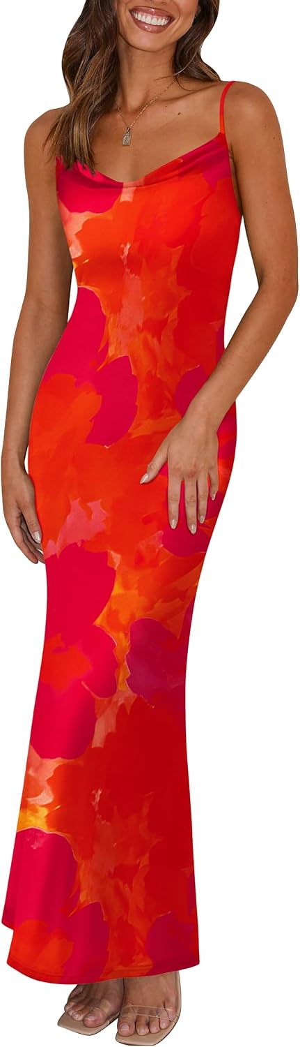 PRETTYGARDEN Women's 2026 Summer Floral Spaghetti Strap Maxi Dress Stretch Sexy Bodycon Dress Backless Slip Long Dresses