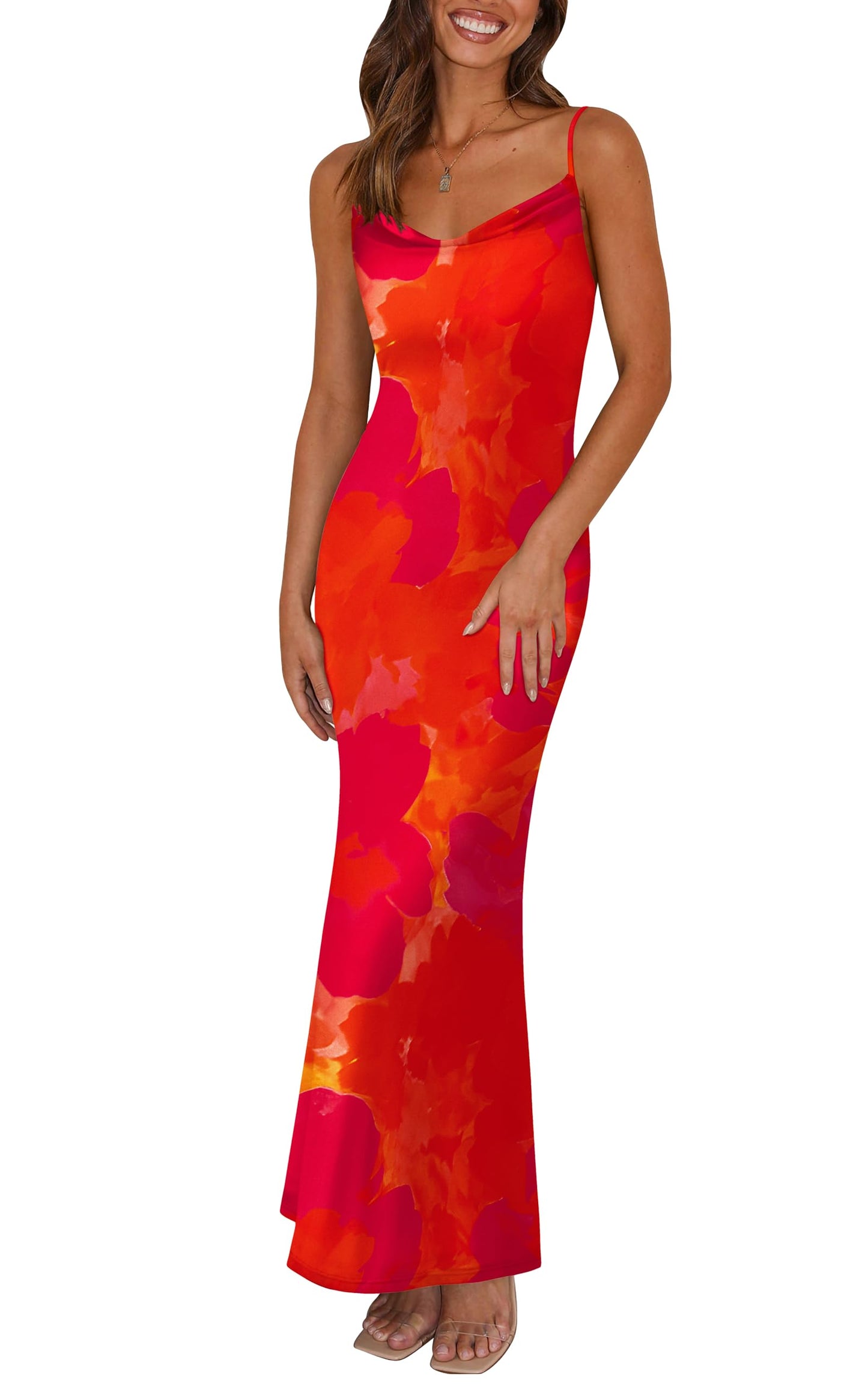 PRETTYGARDEN Women's 2026 Summer Floral Spaghetti Strap Maxi Dress Stretch Sexy Bodycon Dress Backless Slip Long Dresses