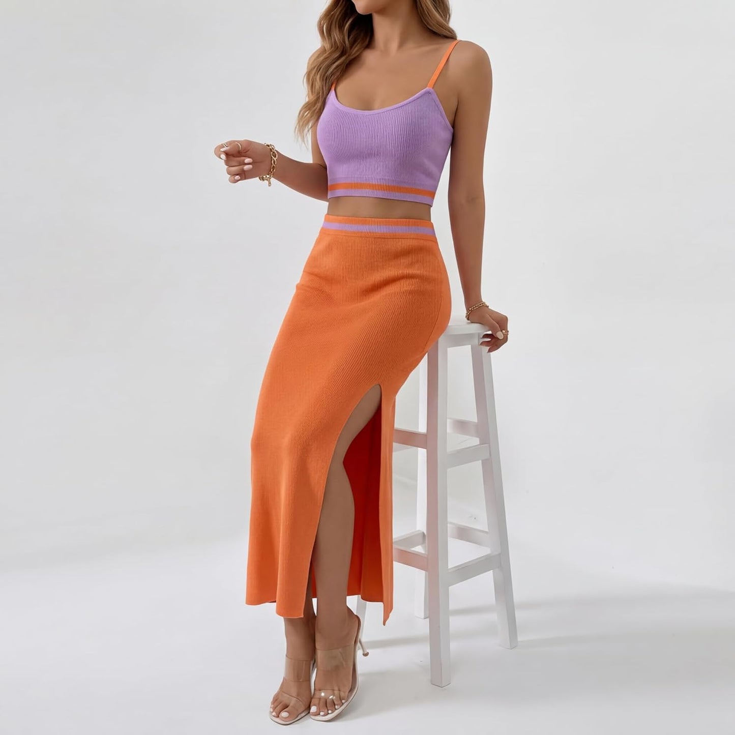Skirt Sets Women 2 Piece Outfits Dressy Summer Knit Cami Top High Slit Skirt Set for Vacation Brunch and Going Out