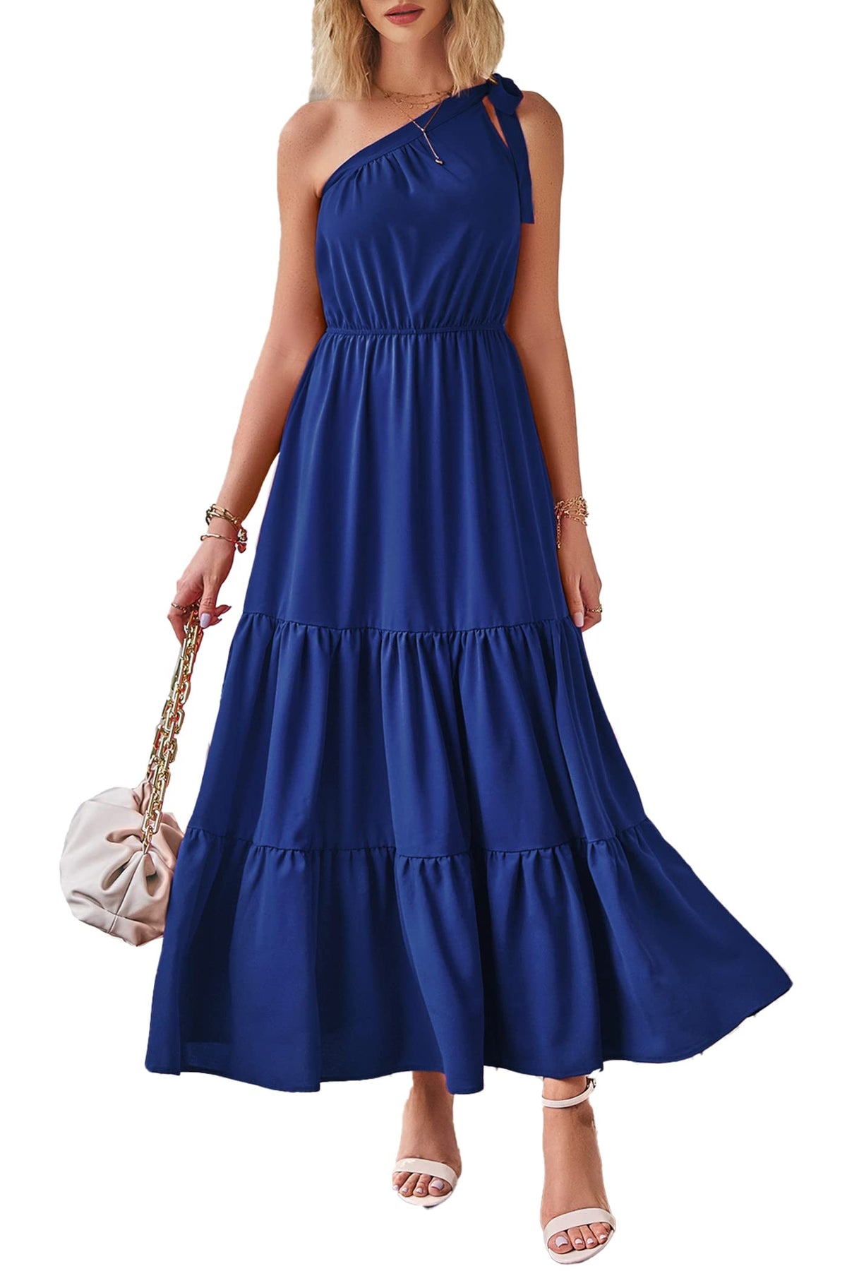 PRETTYGARDEN Women's One Shoulder Boho Floral Maxi Dress | Sleeveless Tiered A Line, Long Flowy Sundress, Tie Knot Summer Vacation Dresses, Spring Wedding Guest Outfits for Beach Party