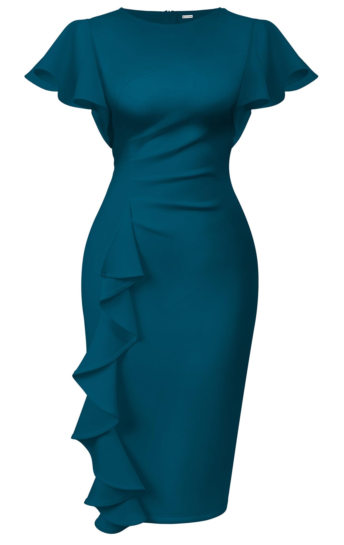 Memoriesea Women's Church Ruffle Sleeve Ruched Work Midi Dress | Back Zipper,Ruched Waist,Knee Length,Classic Sheath Outfits for Office Business Graduation Teacher Formal Cocktail Travel