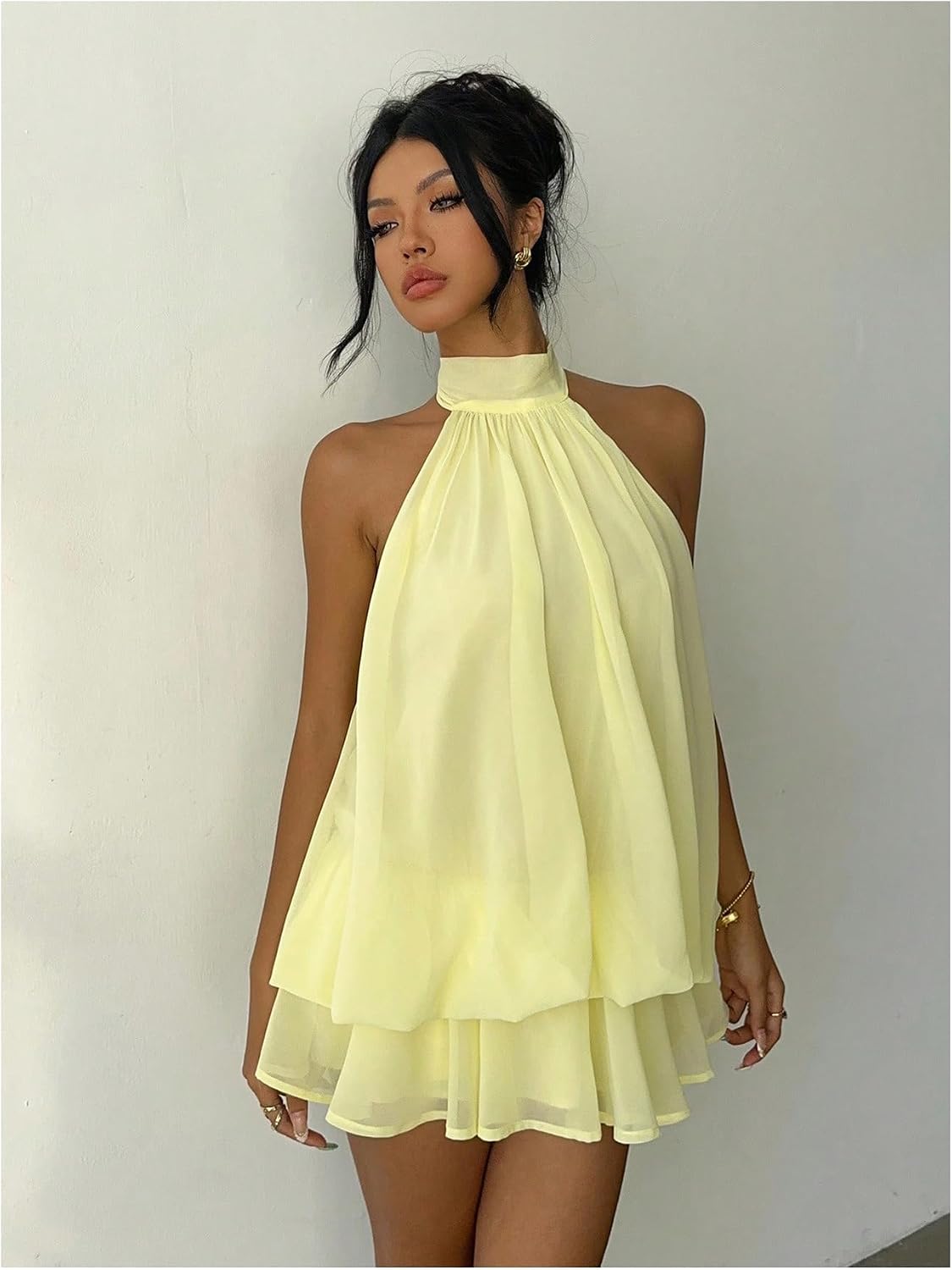 Verdusa Women's Chiffon Halter Drop Waist Flowy Wedding Guest Mini Dresses | Sleeveless, Ruffle Hem, Loose Fit, Brunch Outfits, Birthday, Going Out, Cocktail, Y2k