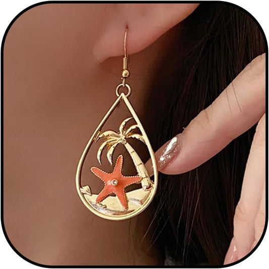 Seashell Starfish Earrings for Women Pearl Drop Beach Jewelry Ocean Themed Accessories for Tropical Vacation Outfits Summer Beachy Style Enhancer Boho Cruise Wear Sea Shell Dangle Dainty Statement