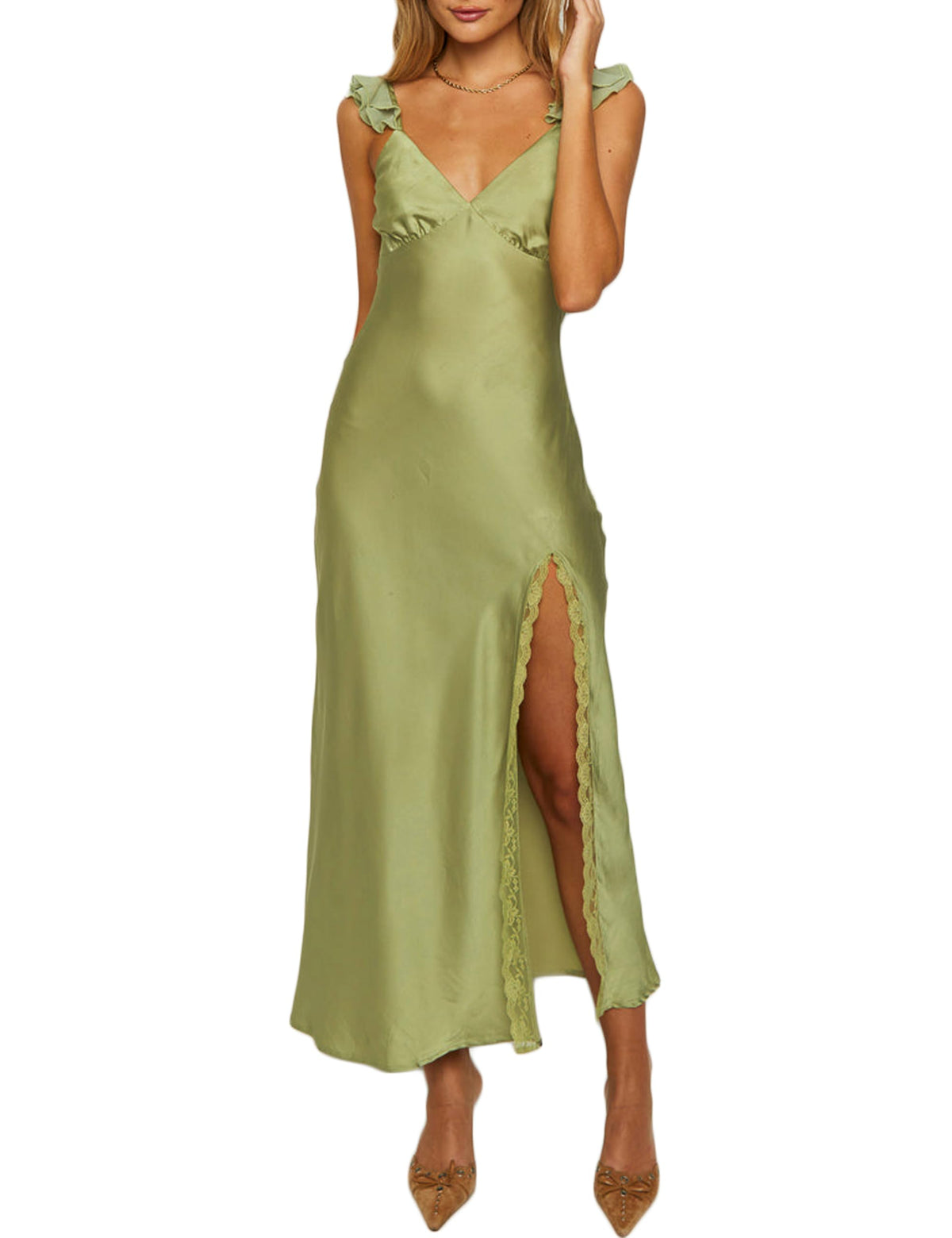 KOUNAI Women's Satin Summer Lace Slit Formal Midi Dress for Wedding Guest | Silk,Elegant,Ruffle Sleeve,Cocktail,Bridesmaid, Beach, Vacation,Party,Adjustable Straps,Graduation,Baby Showe,Engagement