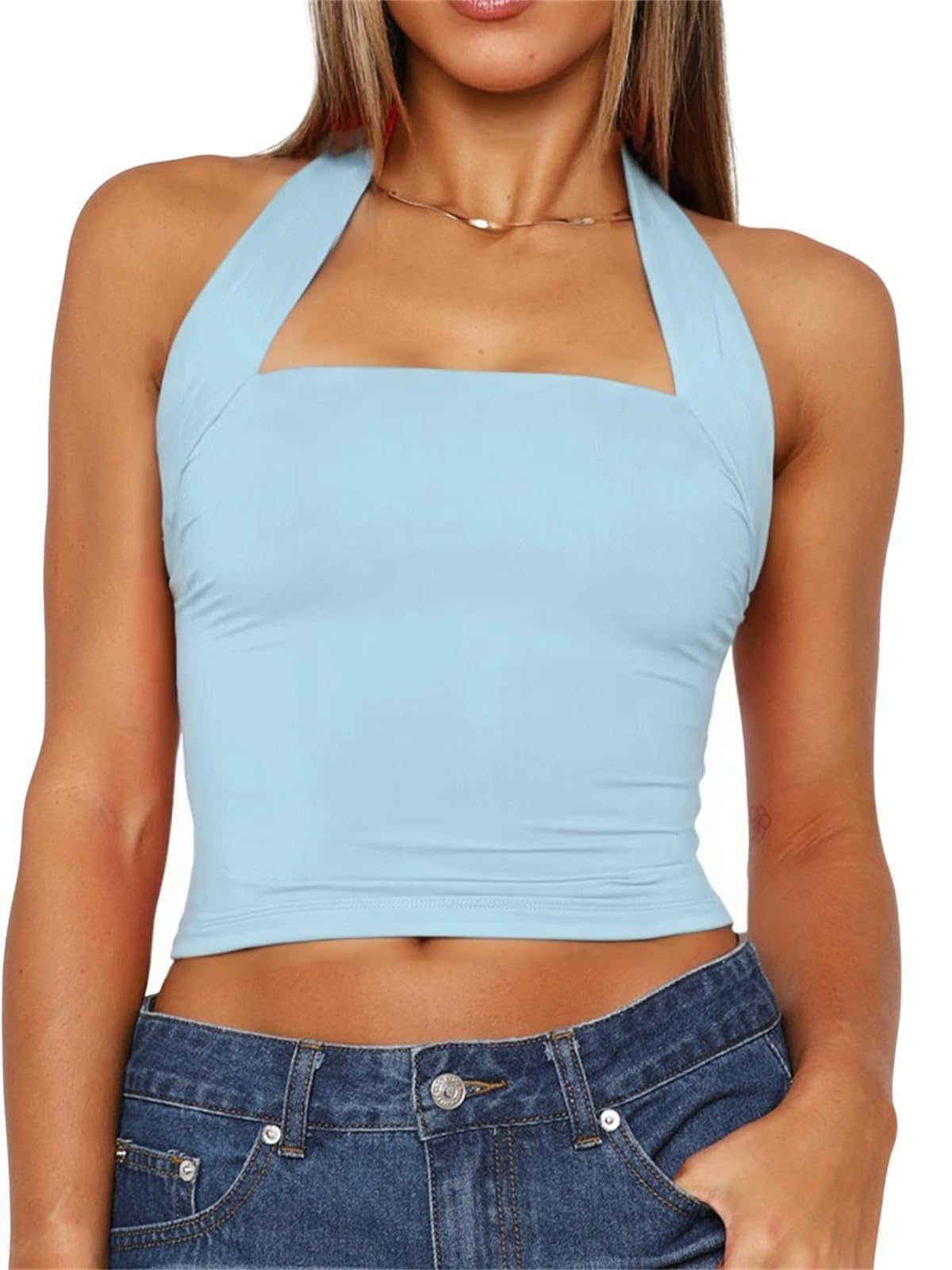 TiulZial Women Sexy Halter Neck Backless Tank Top Open Back Sleeveless Slim Fit Y2k Summer Tops