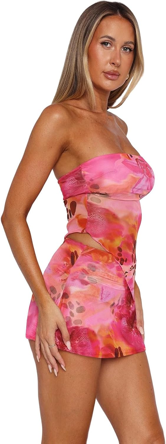 Goafuliy Two Piece Skirt Set for Women Summer Asymmetrical Mesh Strapless Tube Tops Mini Skirt Set Going Out Outfits