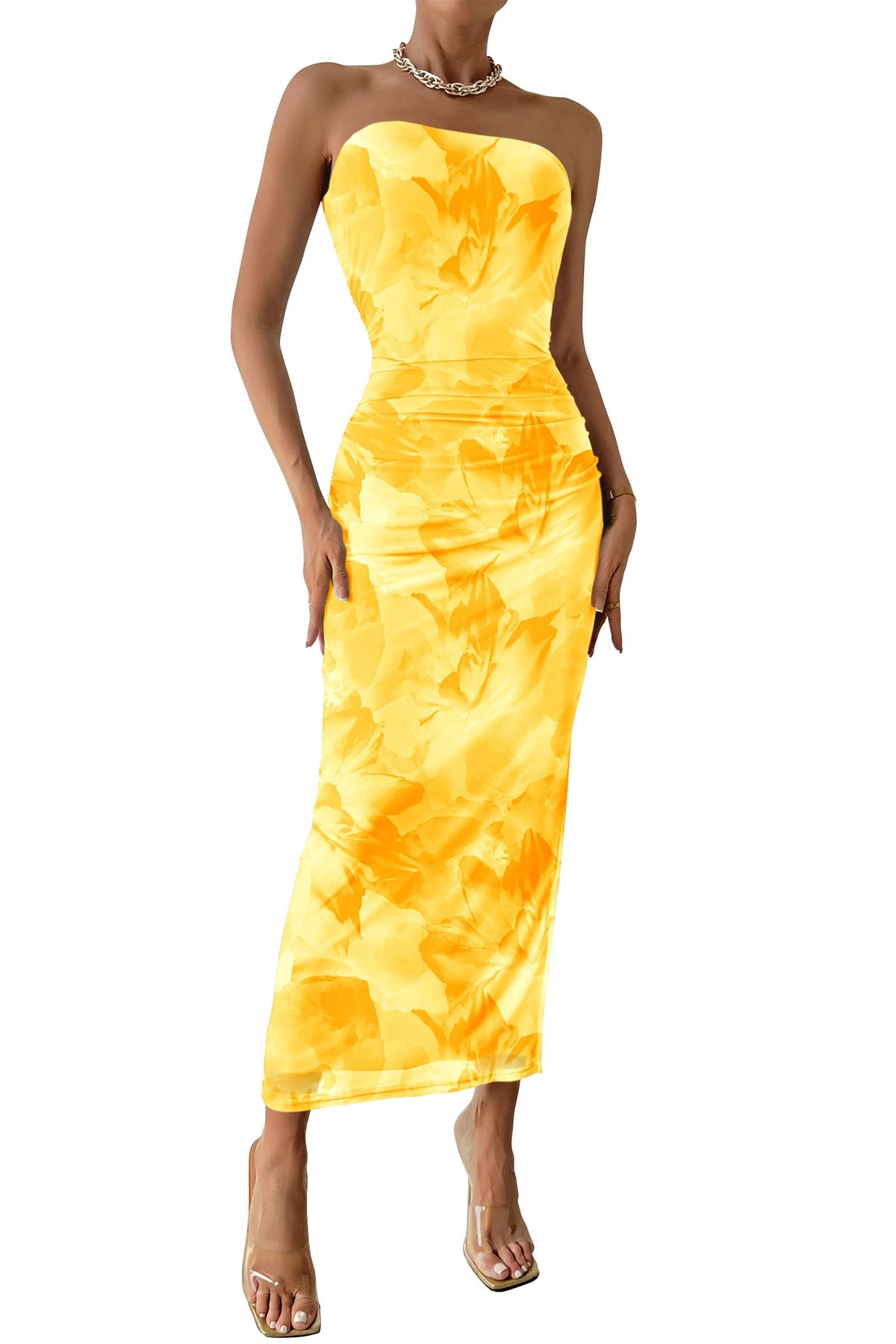 PRETTYGARDEN Women's Strapless Bodycon Floral Maxi Dress | Stretchy Lined Mesh, Long Tube Dresses, Ruched Slit, Spring Summer Y2K Outfits for Wedding, Date Night Party, Beach Vacation
