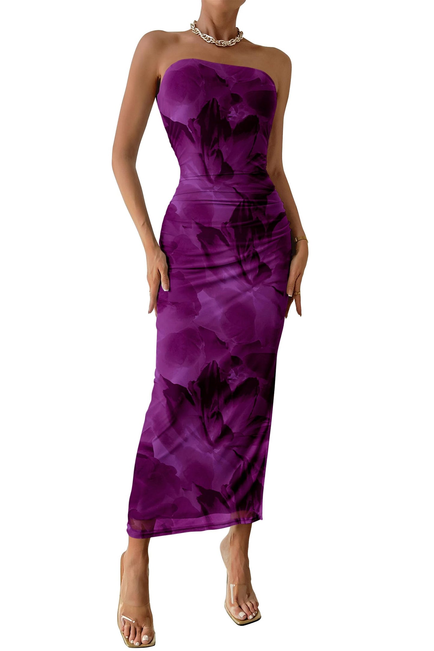 PRETTYGARDEN Women's Strapless Bodycon Floral Maxi Dress | Stretchy Lined Mesh, Long Tube Dresses, Ruched Slit, Spring Summer Y2K Outfits for Wedding, Date Night Party, Beach Vacation