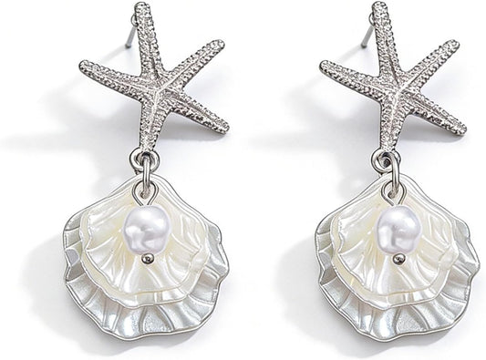 Gold Starfish Earrings Beach Jewelry Pearl Seashell Drop Earrings for Women Boho Summer Ocean Beachy Trendy Vacation Accessories