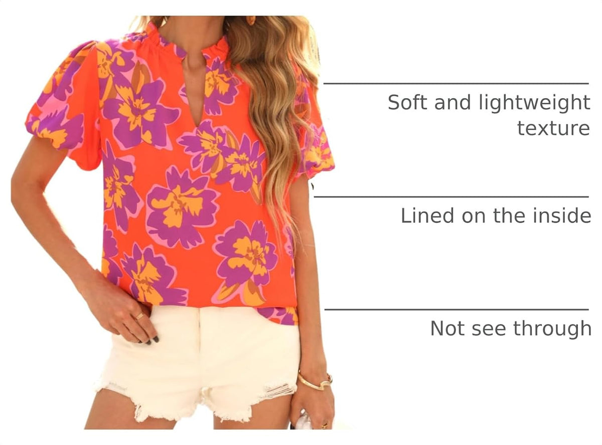 MASCOMODA Boho Short Sleeve Floral Work Blouses for Women Dressy Casual | Puff Sleeve Floral Tops Trendy, Ruffle V Neck, Loose Fit & Lined, Bohemian Top, Chiffon Blouses, Flowy Spring Work Shirts