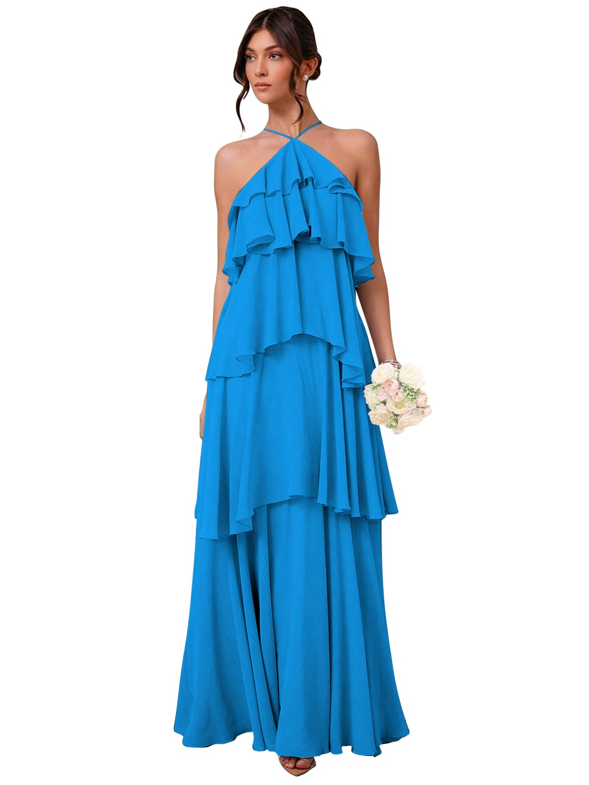 Chiffon Halter Bridesmaid Dresses for Women A Line Tiered Ruffle Long Formal Evening Gown