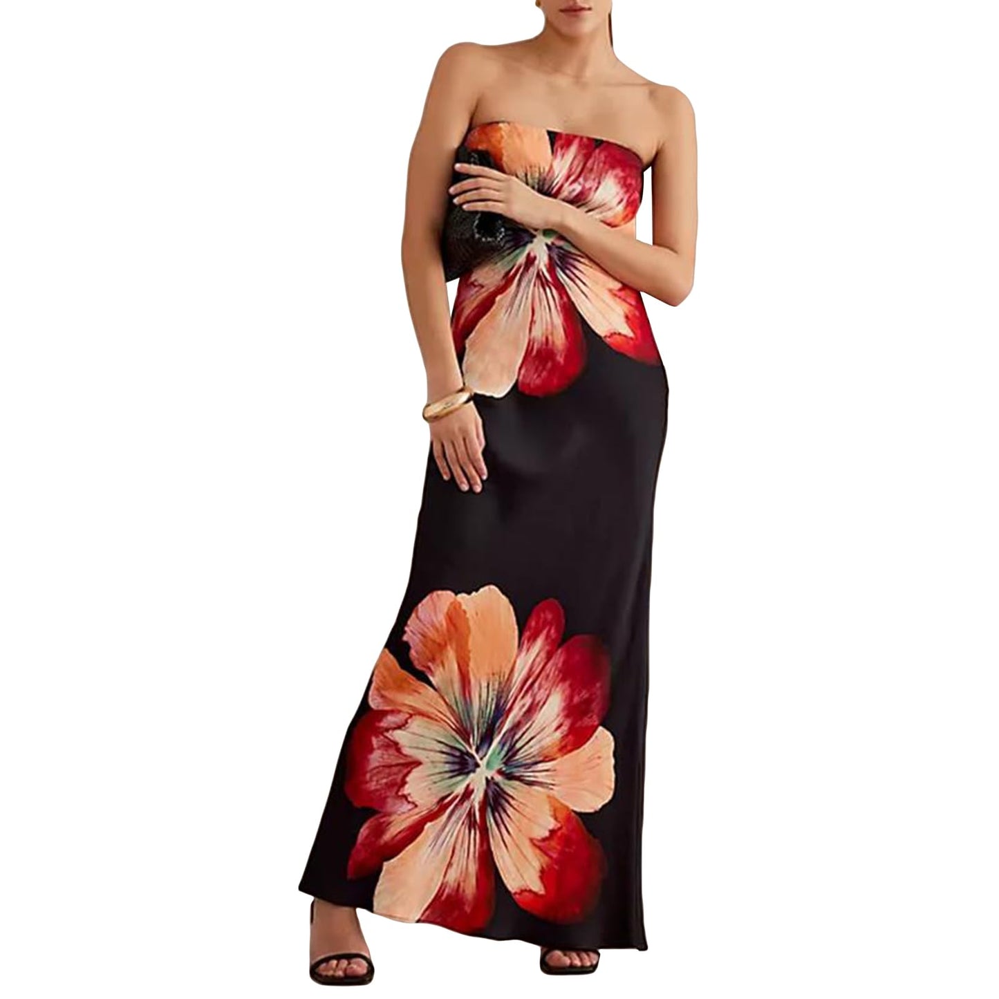 Women Strapless Floral Dress Bodycon Tube Printed Sleeveless Mesh Long Party Boho Beach Flowy Summer Maxi Dress